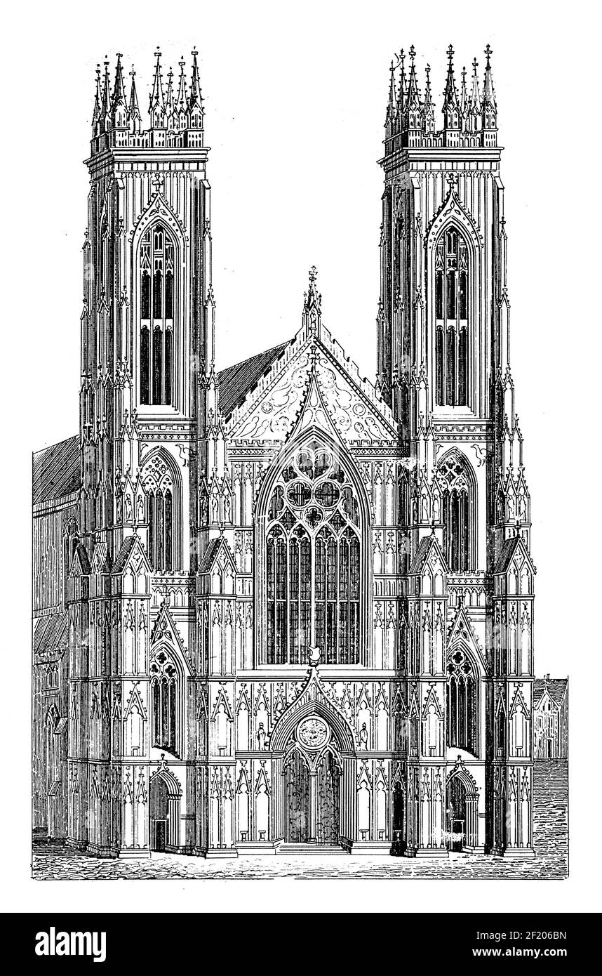 Antica illustrazione di York Minster. Pubblicato in Systematischer Bilder-Atlas zum Conversations-Lexikon, Ikonographische Encyklopedie der Wissenscha Foto Stock