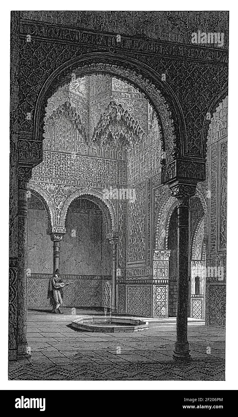 Incisione antica della sala degli Abenceri in Alhambra. Pubblicato in Systematischer Bilder-Atlas zum Conversations-Lexikon, Ikonographische Enc Foto Stock