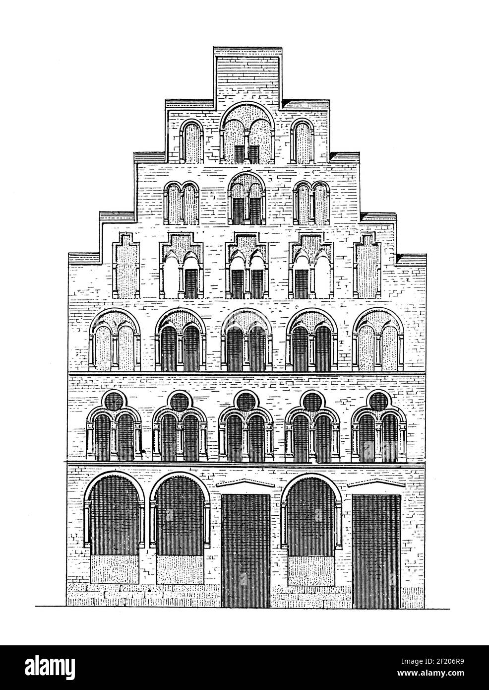 Antica incisione della casa del XIX secolo a Colonia. Pubblicato in Systematischer Bilder-Atlas zum Conversations-Lexikon, Ikonographische Encyklopedie Foto Stock