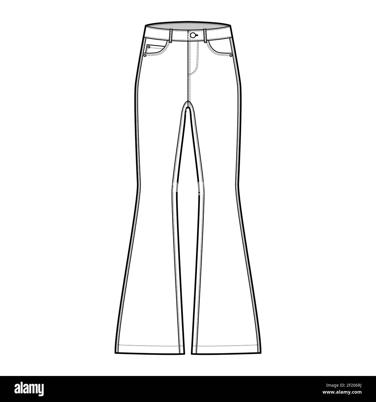 Jeans fondo svasato pantaloni denim illustrazione tecnica moda con lunghezza intera, vita bassa, 5 tasche, rivetti. Modello di abbigliamento a fondo piatto, colore bianco. Donne, uomini, unisex CAD mockup Illustrazione Vettoriale