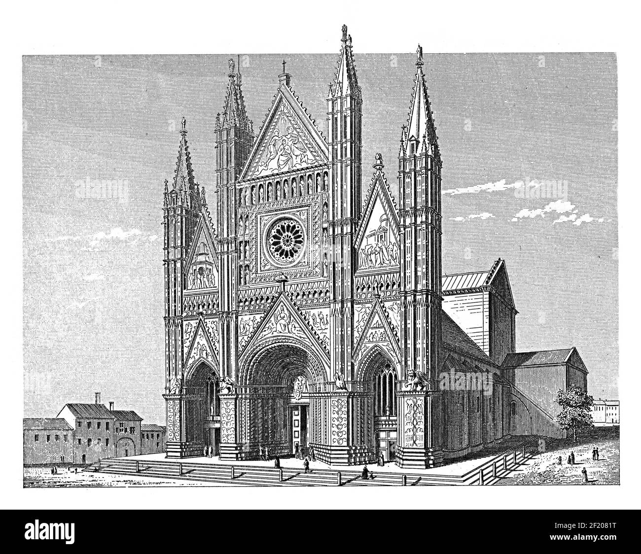 Antica illustrazione della Cattedrale di Orvieto in Italia. Pubblicato in Systematischer Bilder-Atlas zum Conversations-Lexikon, Ikonographische Encyklopedie Foto Stock