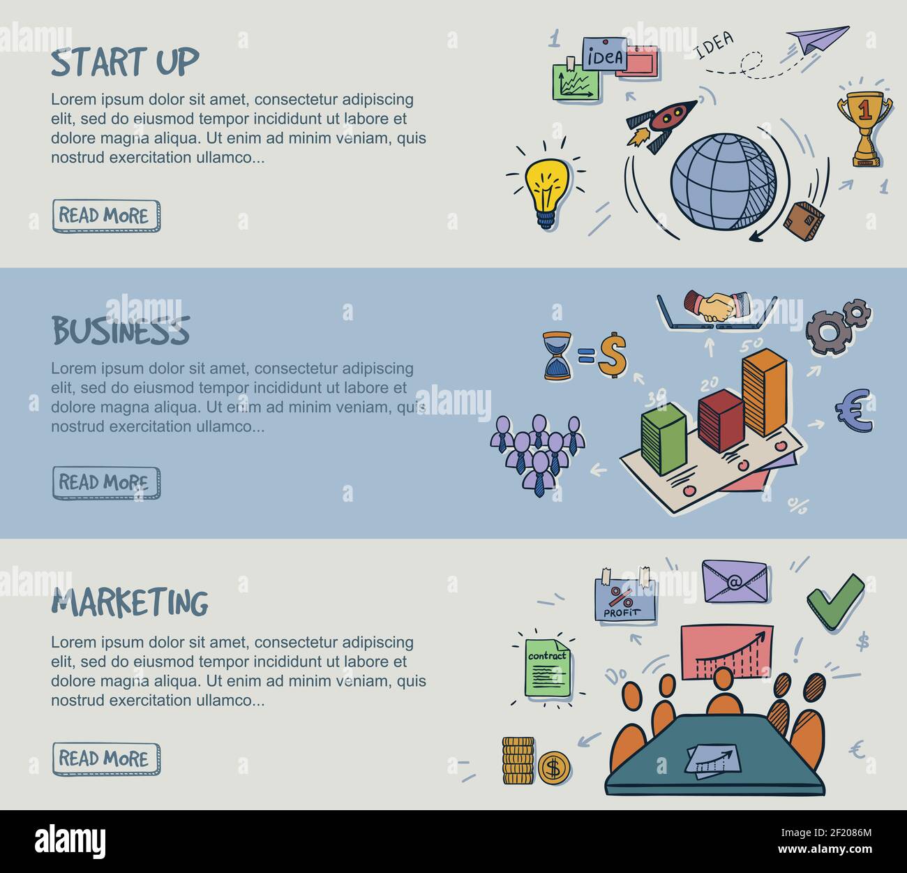 Striscioni orizzontali infografiche con doodle colorato con business start strategia finanziaria e illustrazione vettoriale degli elementi di marketing Illustrazione Vettoriale