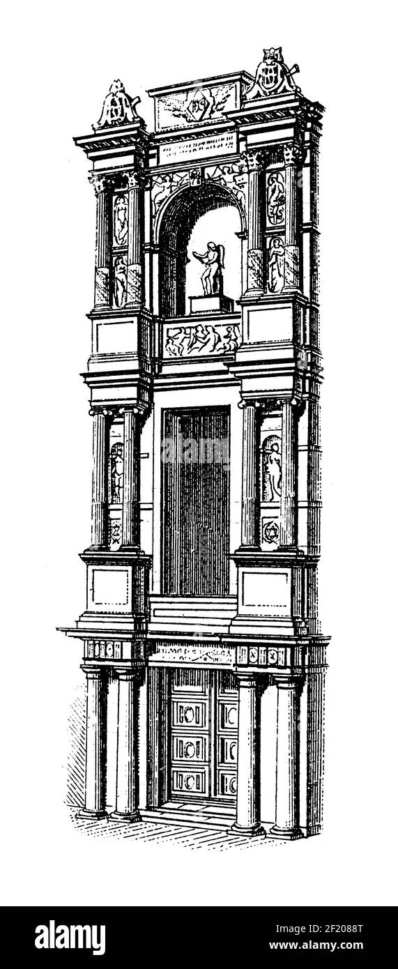 Antica incisione del 19 ° secolo del portale di Chateau d'Anet in Francia. Pubblicato in Systematischer Bilder-Atlas zum Conversations-Lexikon, Ikonographis Foto Stock