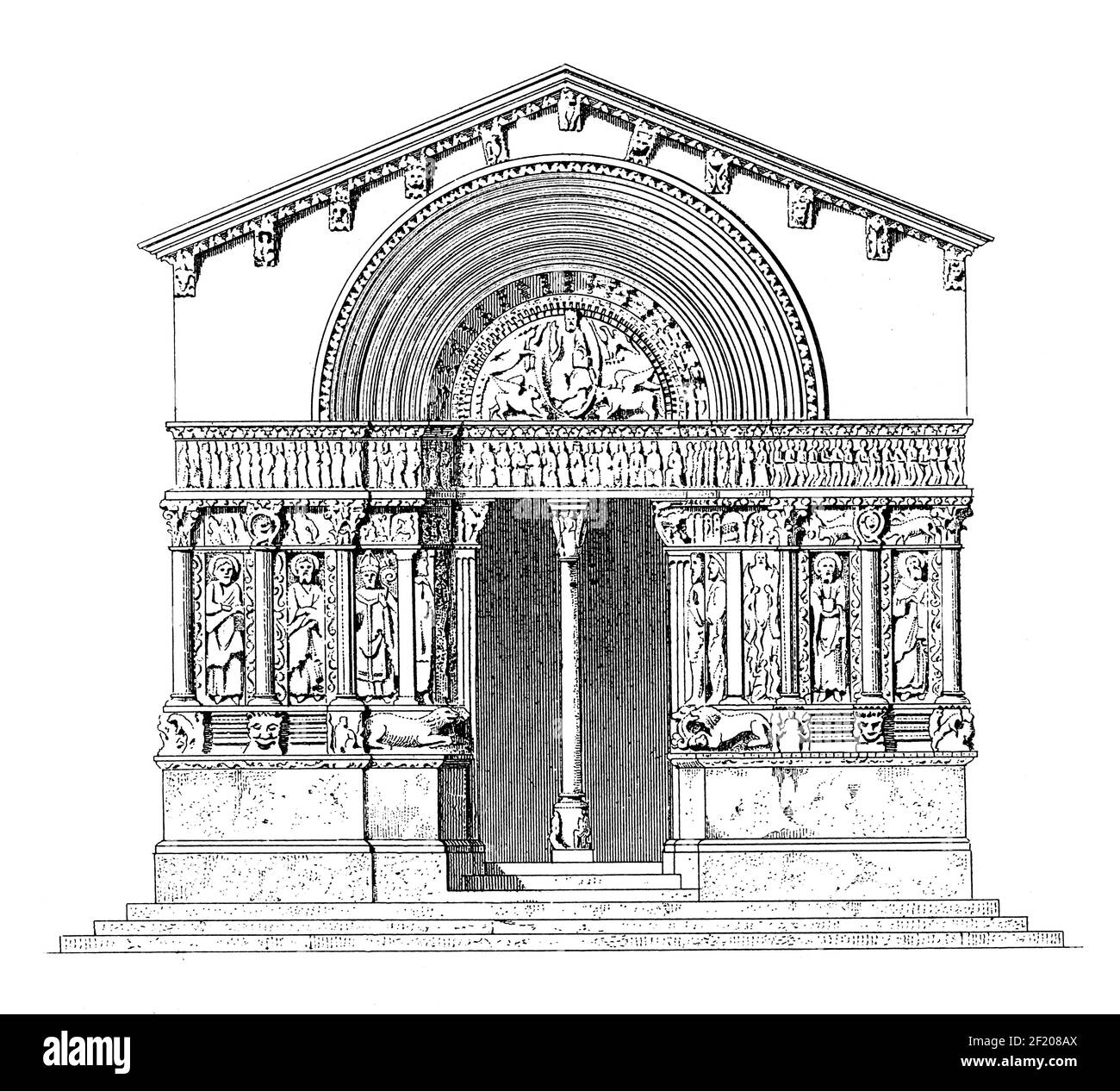 Illustrazione ottocentesca del portale della Chiesa di San Trophime. Pubblicato in Systematischer Bilder-Atlas zum Conversations-Lexikon, Ikonographische Foto Stock
