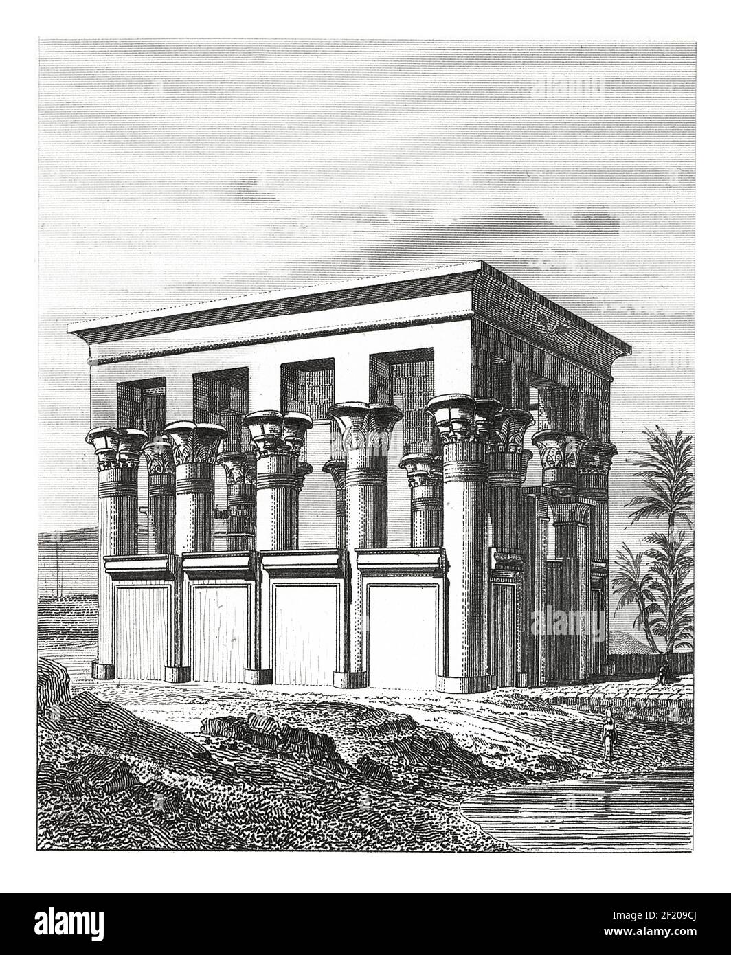 Incisione antica di un tempio a Dendera. Pubblicato in Systematischer Bilder-Atlas zum Conversations-Lexikon, Ikonographische Encyklopedie der Wissen Foto Stock