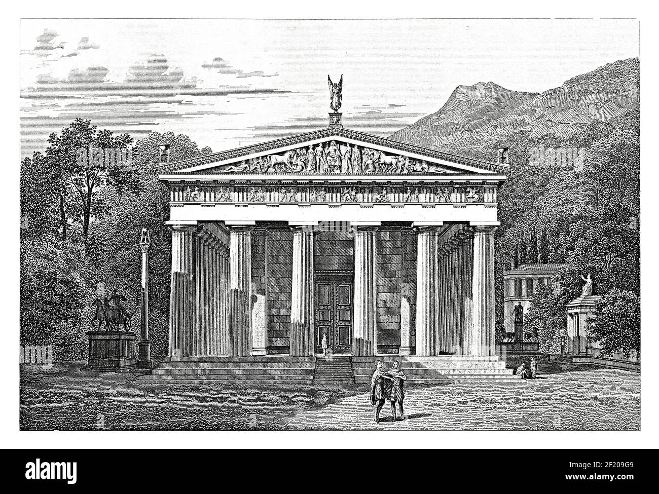 Incisione ottocentesca del Tempio di Zeus ad Olimpia. Pubblicato in Systematischer Bilder-Atlas zum Conversations-Lexikon, Ikonographische Encyklopa Foto Stock
