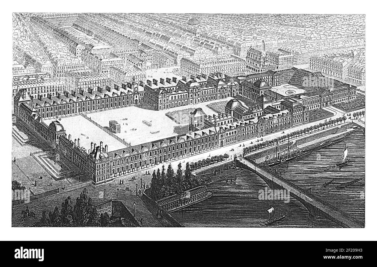 Incisione ottocentesca del Louvre e del Palazzo delle Tuileries a Parigi, Francia. Pubblicato in Systematischer Bilder-Atlas zum Conversations-Lexikon, Ikonog Foto Stock