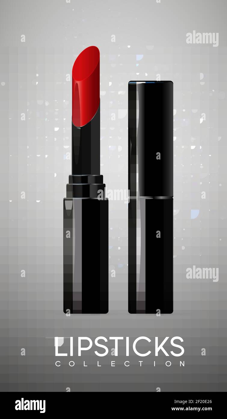 Poster cosmetico realistico per il trucco con contenitori neri aperti e chiusi di rossetto rosso immagine vettoriale isolata Illustrazione Vettoriale