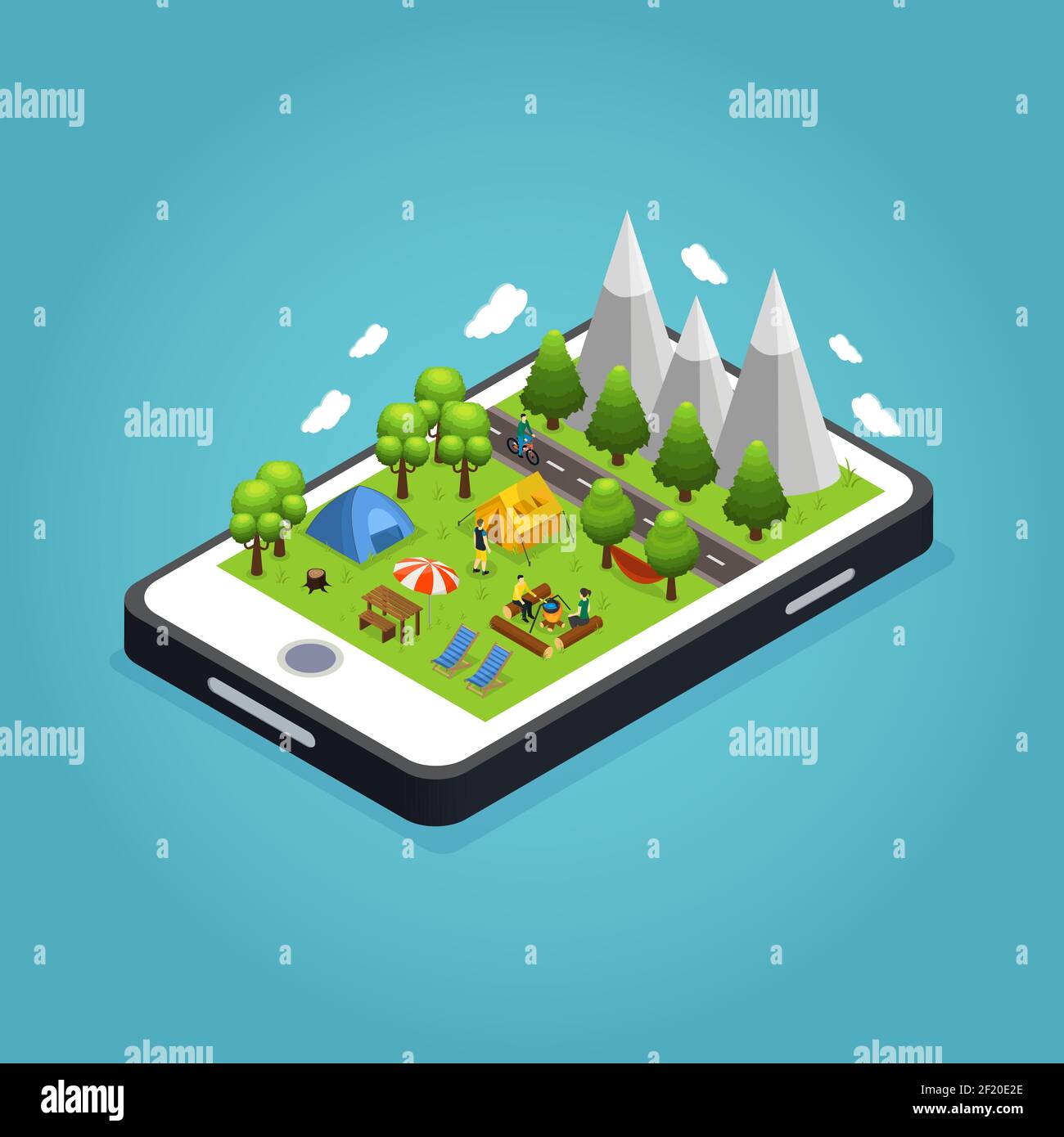 Concetto di campeggio colorato isometrico mobile con turisti all'aperto ricreazione e. elementi escursionistici sullo schermo del telefono immagine vettoriale isolata Illustrazione Vettoriale