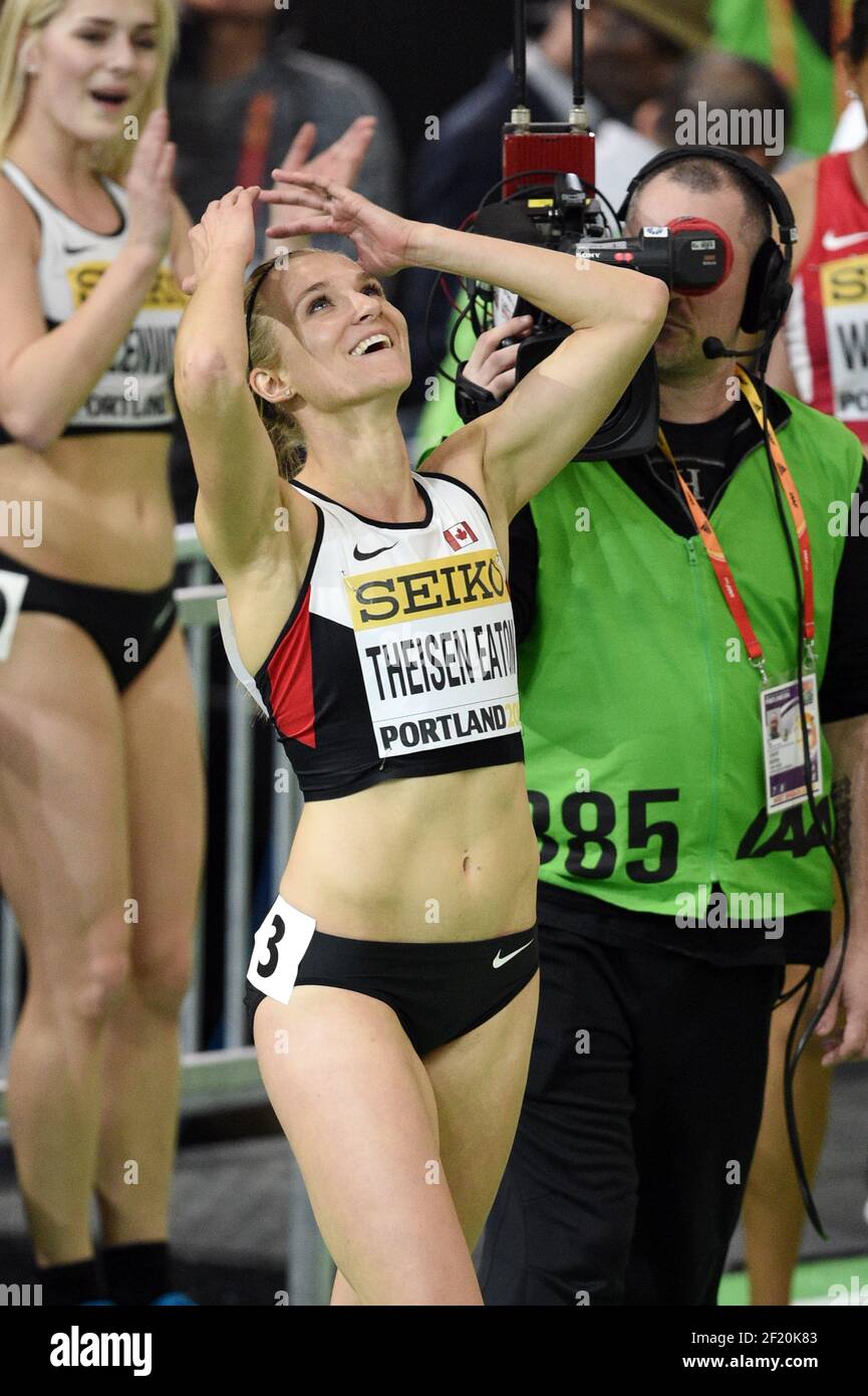 Brianne Theisen Eaton dal Canada reagisce dopo la sua vittoria nel Pentathlon durante i Campionati Mondiali Indoor IAAF all'Oregon Convention Center, a Portland, USA, il 18 marzo 2016 - Foto Philippe Millereau / KMSP / DPPI Foto Stock