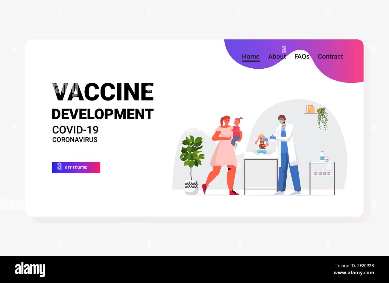 medico di famiglia in maschera vaccinare il paziente bambino a combattere contro sviluppo vaccino coronavirus concetto di campagna di immunizzazione medica lunghezza intera orizzontale illustrazione vettoriale Illustrazione Vettoriale