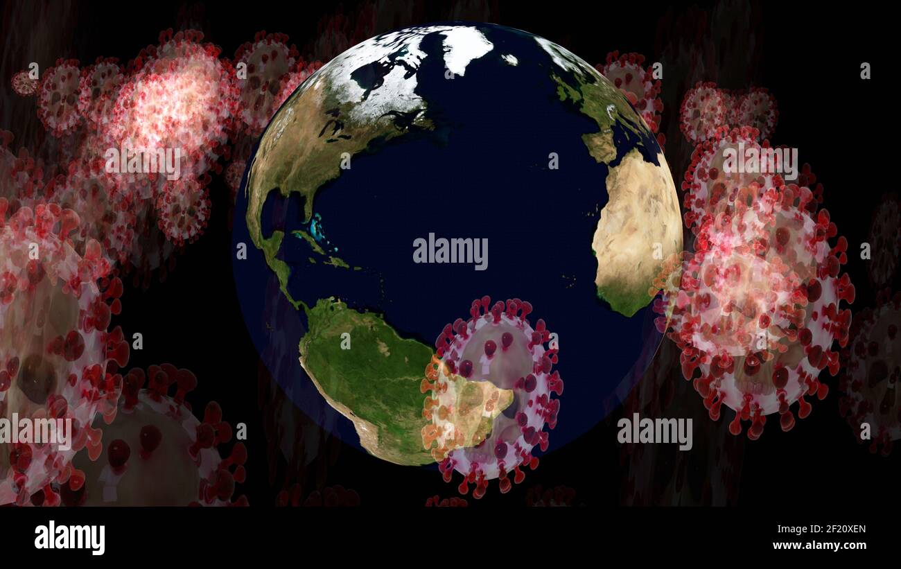 Illustrazione artistica in 3D del virus corona e del globo terrestre Foto Stock