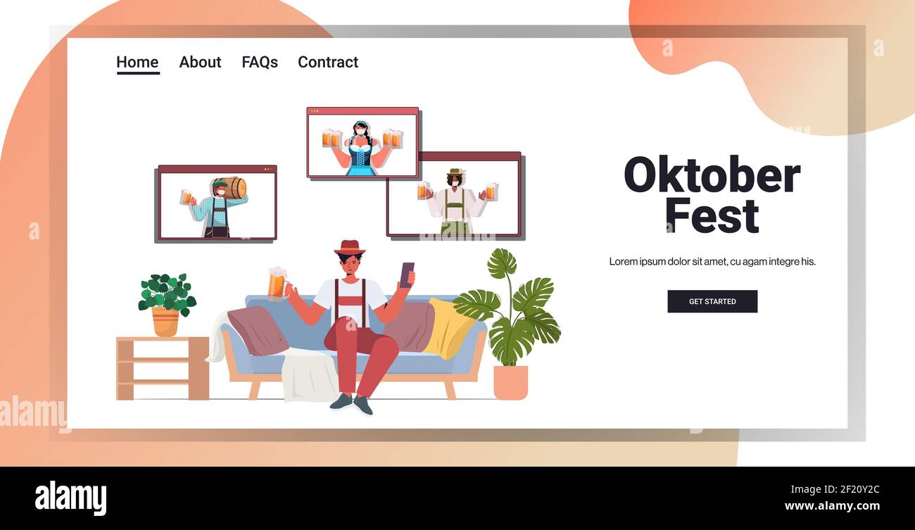 uomo che beve birra discutere con amici di gara mix durante il video Call Oktoberfest festa celebrazione coronavirus quarantena auto isolamento spazio copia illustrazione vettoriale orizzontale Illustrazione Vettoriale