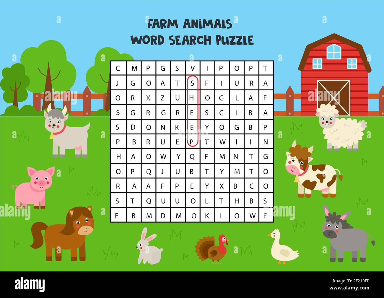 Farm animali parola di ricerca puzzle per bambini. Rompicapo divertente per i bambini. Illustrazione Vettoriale