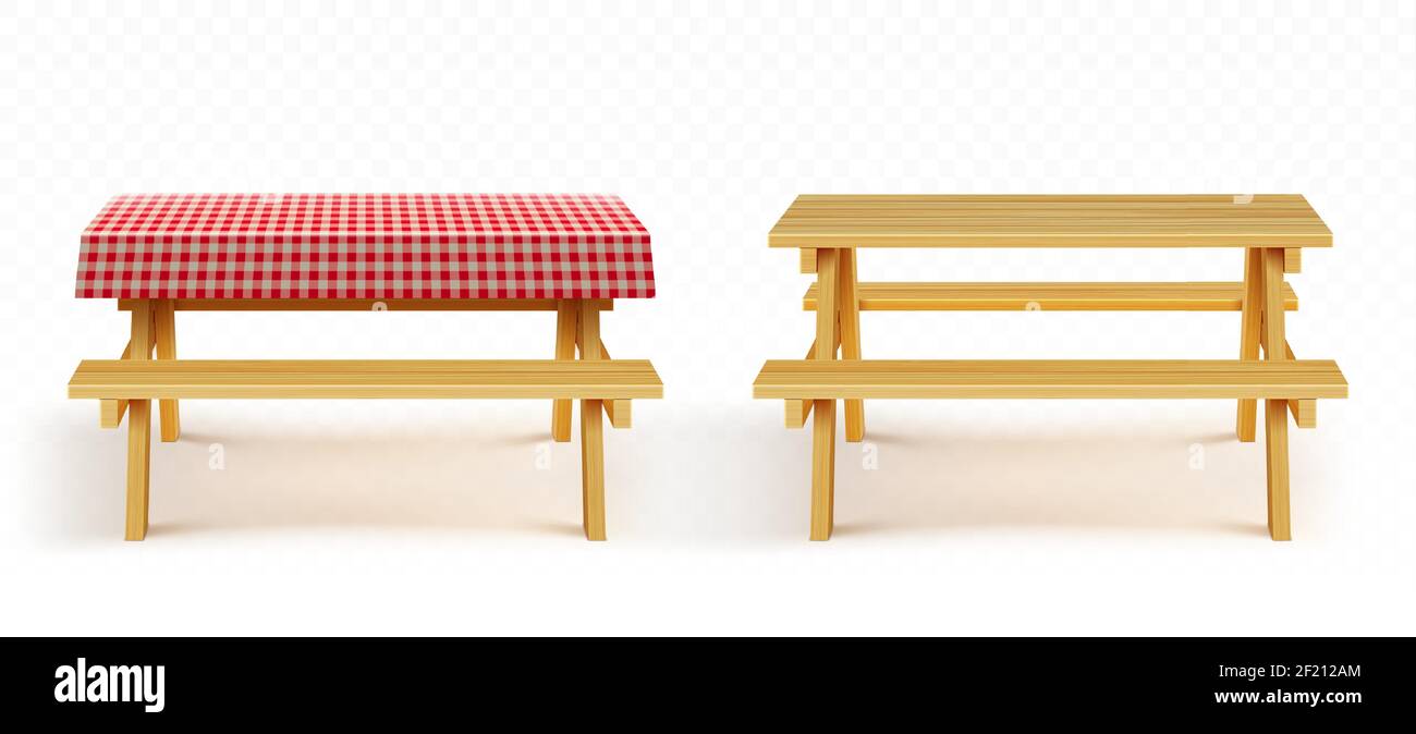 Tavolo da picnic in legno con panchine e tovaglia in plaid rosso isolato su sfondo trasparente. Set vettoriale realistico di tavolo vuoto in legno con posti a sedere e stoffa per giardino, parco o campeggio Illustrazione Vettoriale