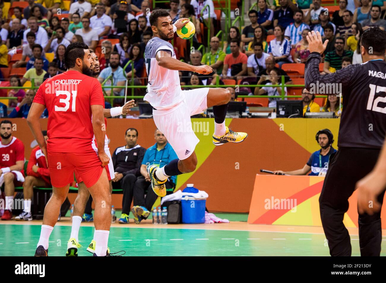 Adrien Dipanda durante i Giochi Olimpici RIO 2016, Handball Men, Francia contro Tunisia, il 7 agosto 2016, In Rio, Brasile - Foto Vincent Curutchet / KMSP / DPPI Foto Stock