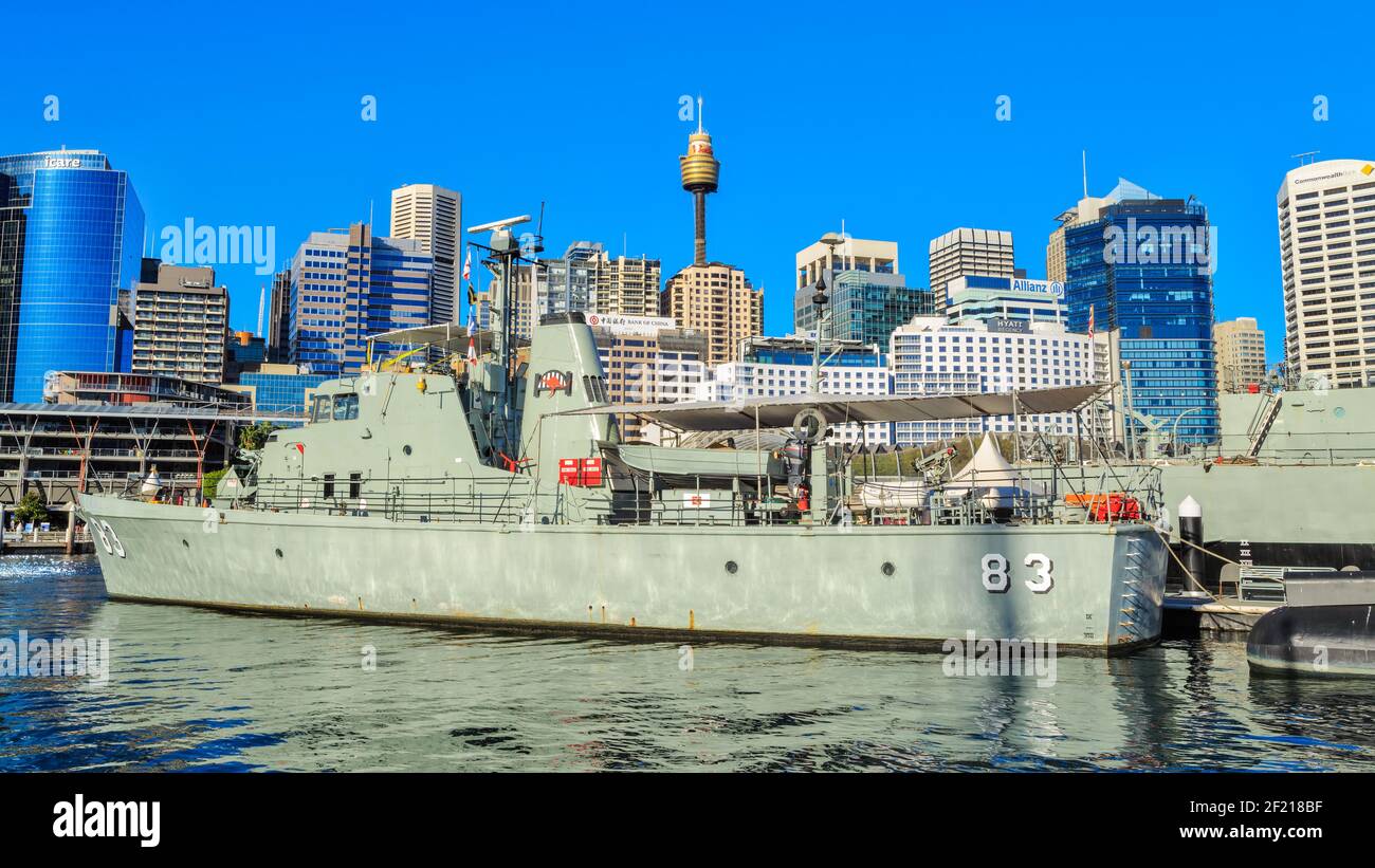 La nave di pattuglia HMAS Advance, commissionata nel 1968, ora una nave museo a Darling Harbour, Sydney, Australia Foto Stock