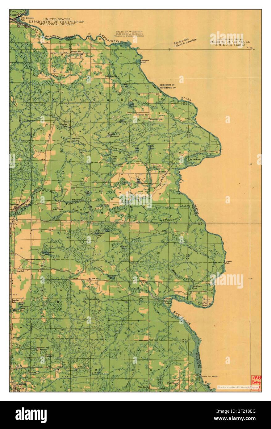 Pembine, Wisconsin, mappa 1939, 1:48000, Stati Uniti d'America da Timeless Maps, dati U.S. Geological Survey Foto Stock