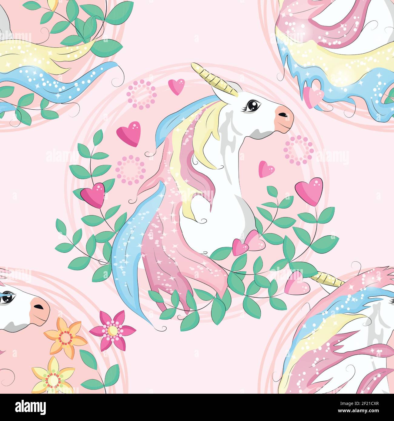 Doodle unicorn pattern per il design tessile. Cartoni animati animali. Stampa Ditsy. Motivo trendy senza cuciture. Modello di tessuto Illustrazione Vettoriale