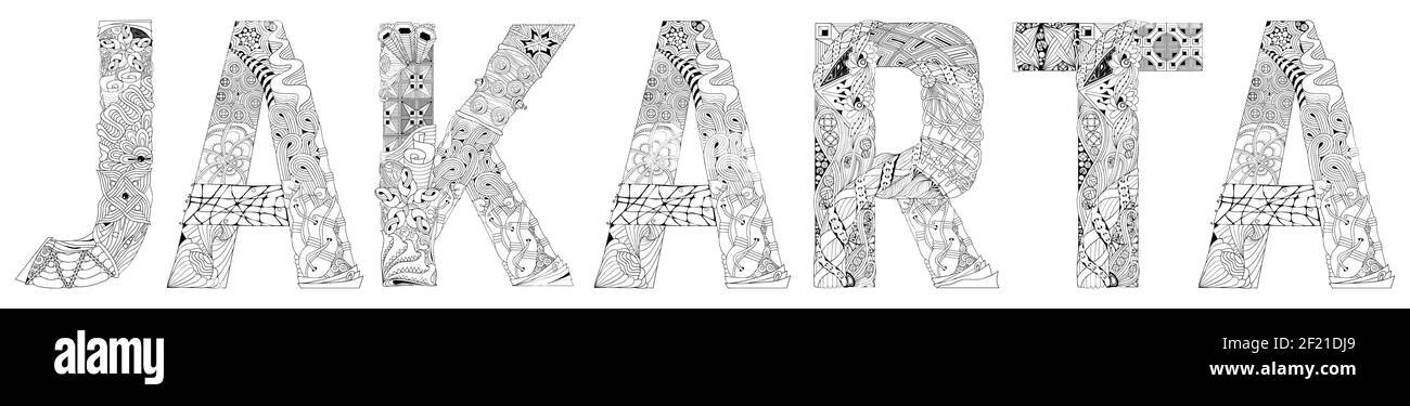 Disegno artistico dipinto a mano. Illustrazione apital della città indonesiana di Giacarta per colorare, t-shirt design, tatuaggio e altre decorazioni Illustrazione Vettoriale