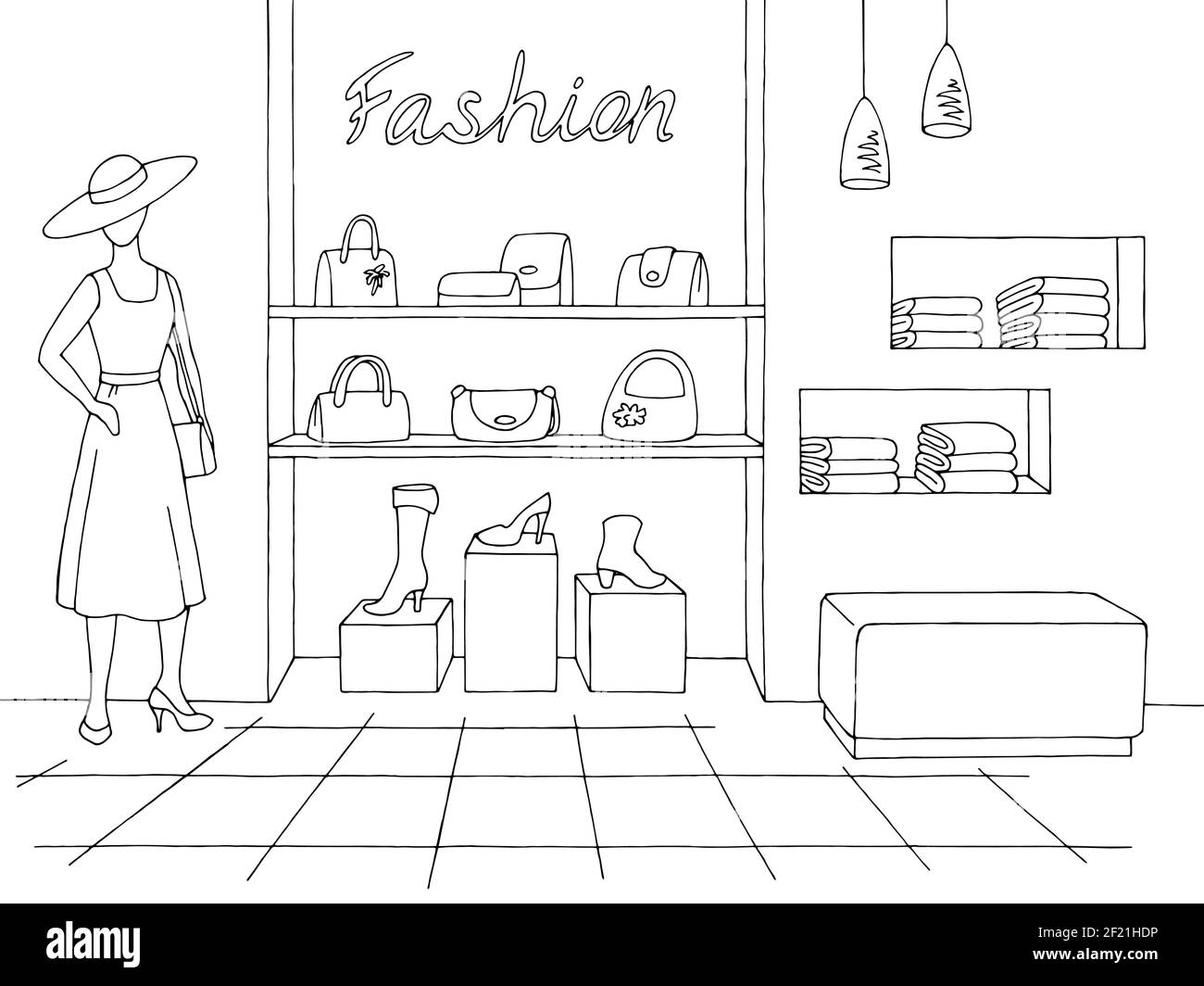 Shop grafico interno nero bianco illustrazione schizzo vettore Illustrazione Vettoriale