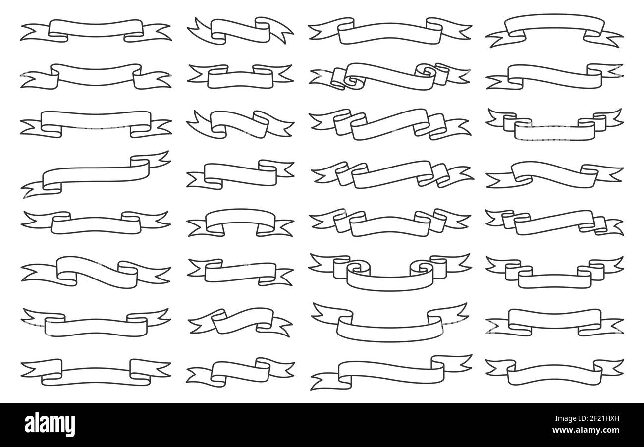 Serie di banner a nastro, stile linea. Semplice e moderna collezione di nastri. Nastro bianco vintage, modello per la vendita di testi, decorazione di titoli o intestazioni, badge, emblema, cornice. Elegante striscia vorticosa retrò Illustrazione Vettoriale