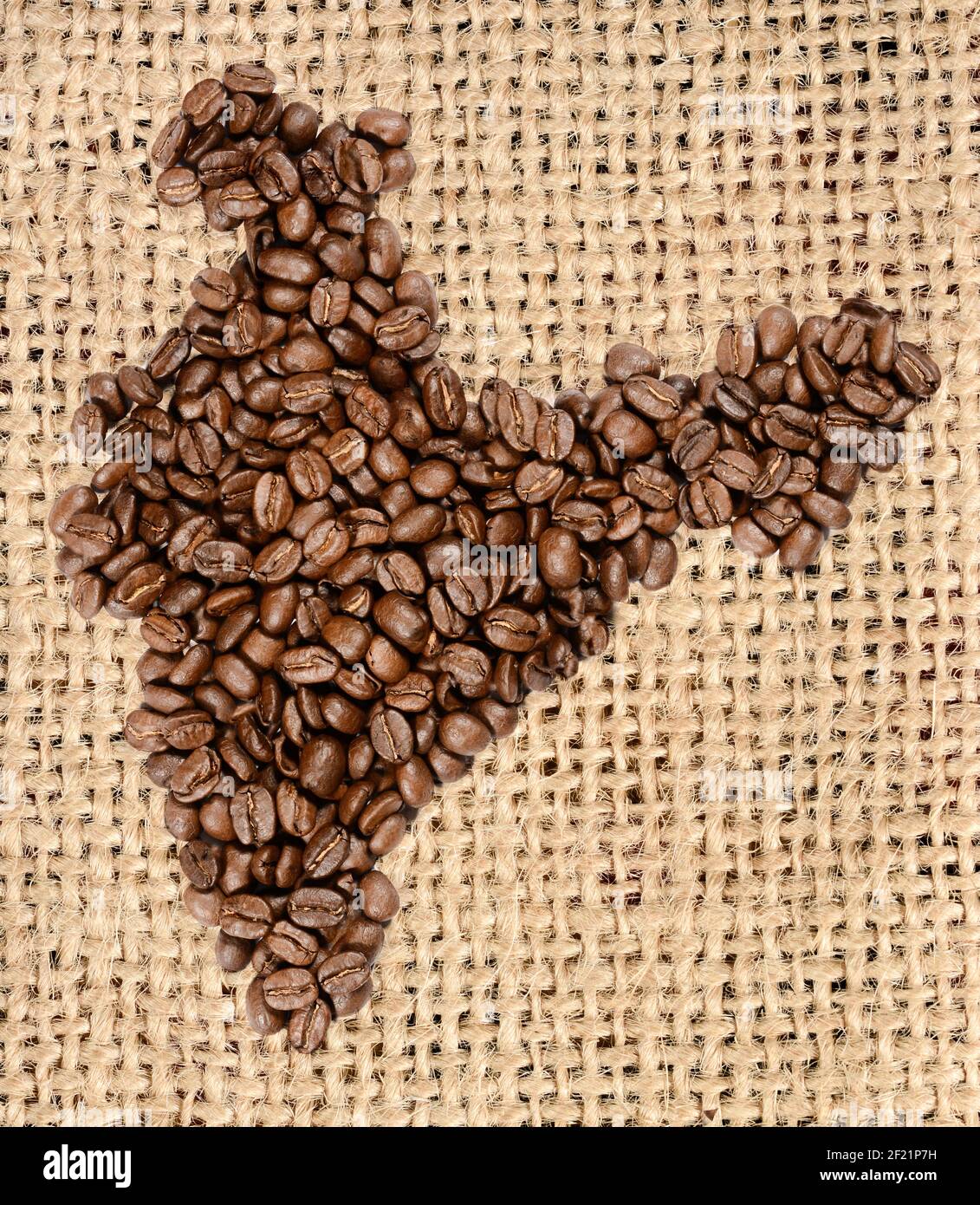 Caffè di fagioli interi. Il contorno dell'India è fatto da chicchi di caffè su juta burlap Foto Stock