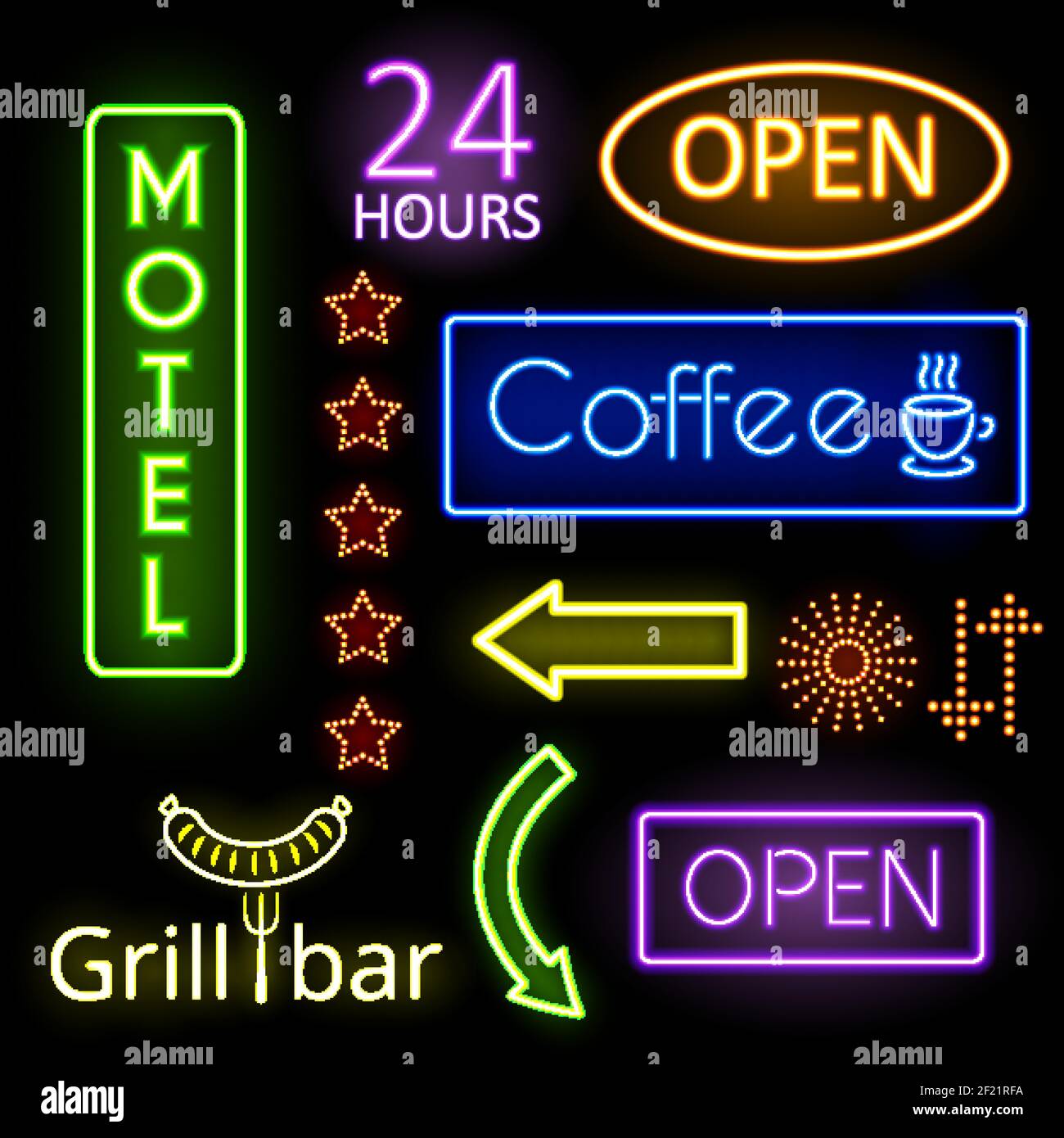 Set di cartelli al neon. Caffè, aperto e motel. Cartello, puntatore. Illustrazione vettoriale Illustrazione Vettoriale
