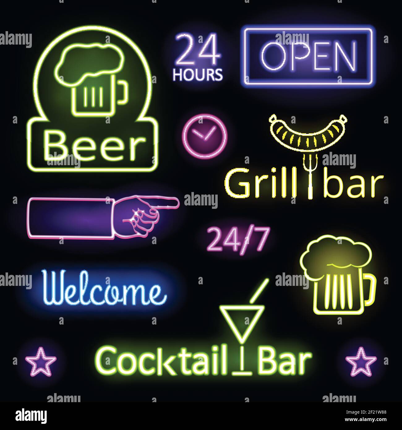 Luci al neon colorate e brillanti assortite per insegne a barra su nero Sfondo Illustrazione Vettoriale