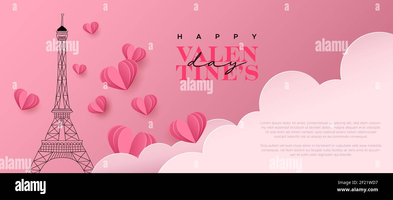 Modello di biglietto di auguri per il giorno di San Valentino felice. Cute parigi torre doodle sfondo con cuori rosa, nuvole di carta e spazio copia. Romantico febbraio 14 e Illustrazione Vettoriale