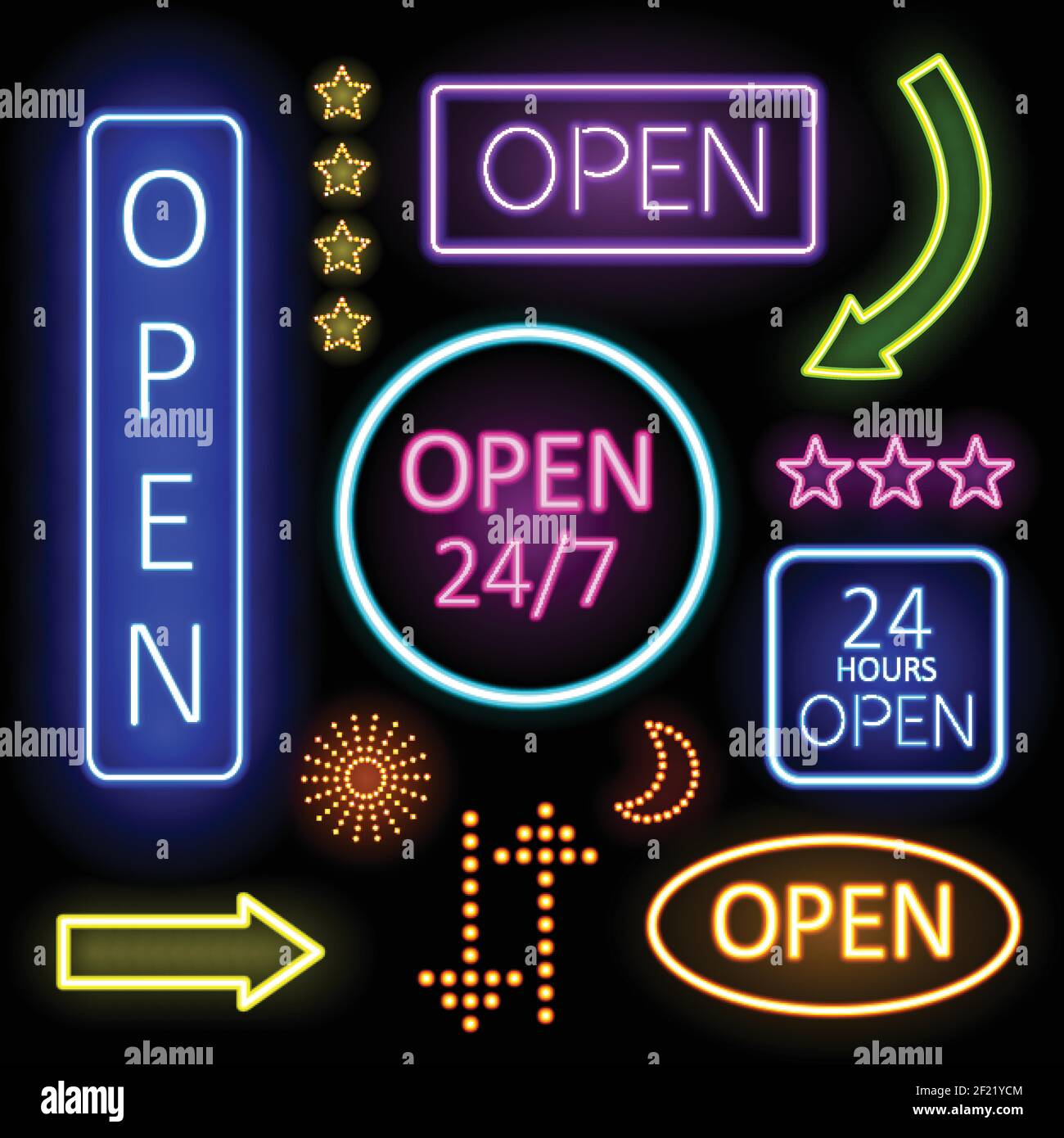 Colorful luci di Neon incandescenti di segni aperti per stabilimento n sfondo nero. Illustrazione Vettoriale