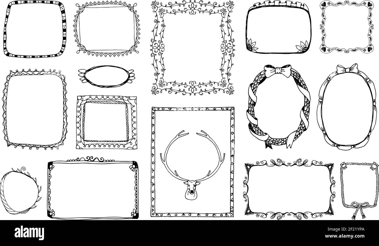 Cornice in bianco e nero disegnata a mano per il ritratto, ornamento album il giorno di San Valentino. Illustrazione vettoriale Illustrazione Vettoriale