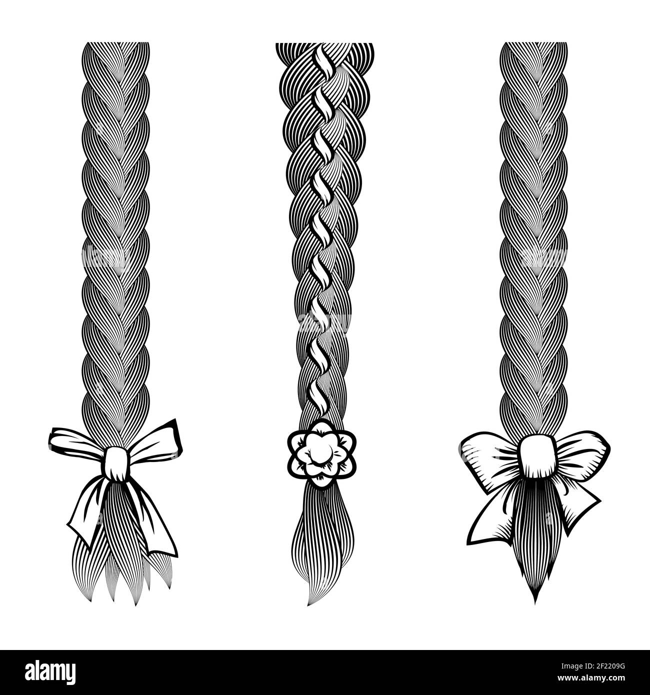 Set di capelli intrecciati con un arco sulla punta. Taglio e stile Illustrazione Vettoriale