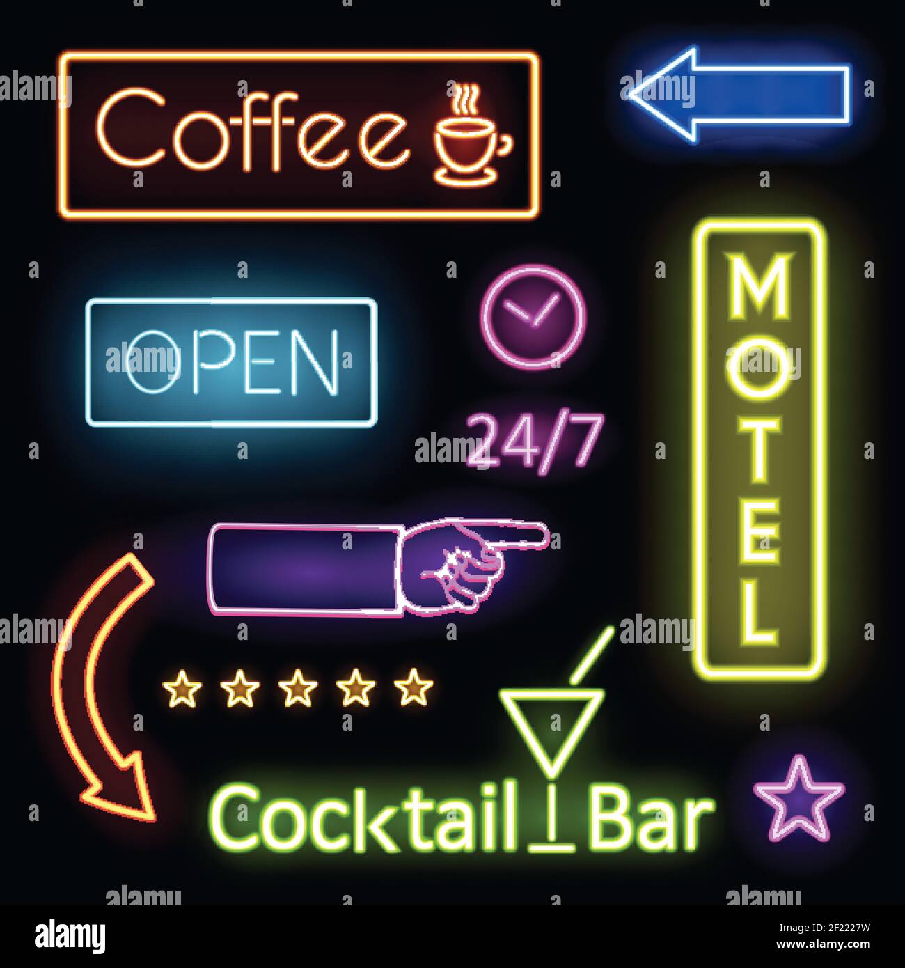 Colorati e luminosi Neon Lights disegni grafici per caffè e Motel insegne su sfondo nero. Illustrazione Vettoriale