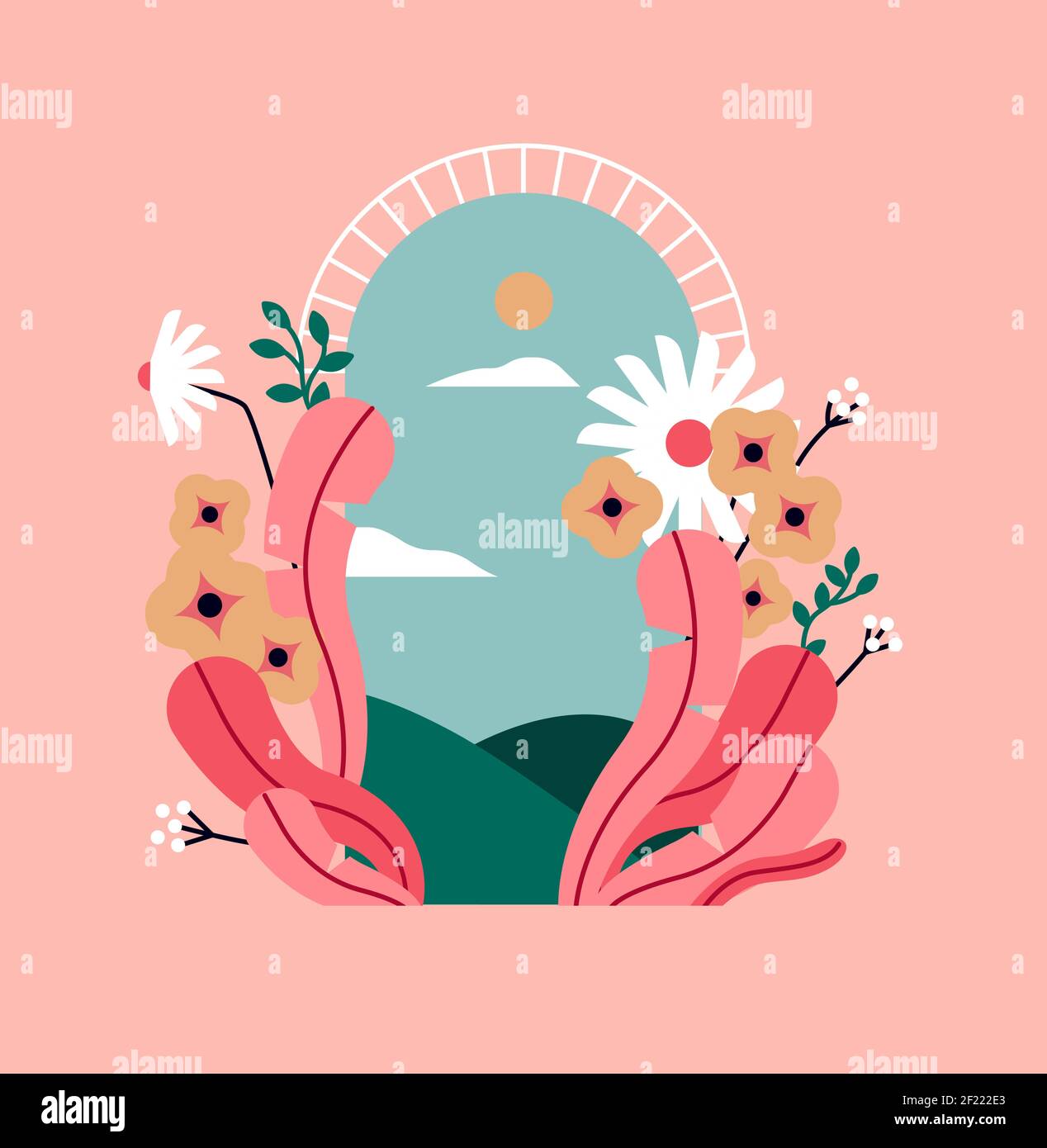 Bella primavera fiori con porta aperta cornice, natura paesaggio sfondo illustrazione. Scena della finestra dello spazio di copia vuoto. Concetto di colore rosa sognante. Illustrazione Vettoriale
