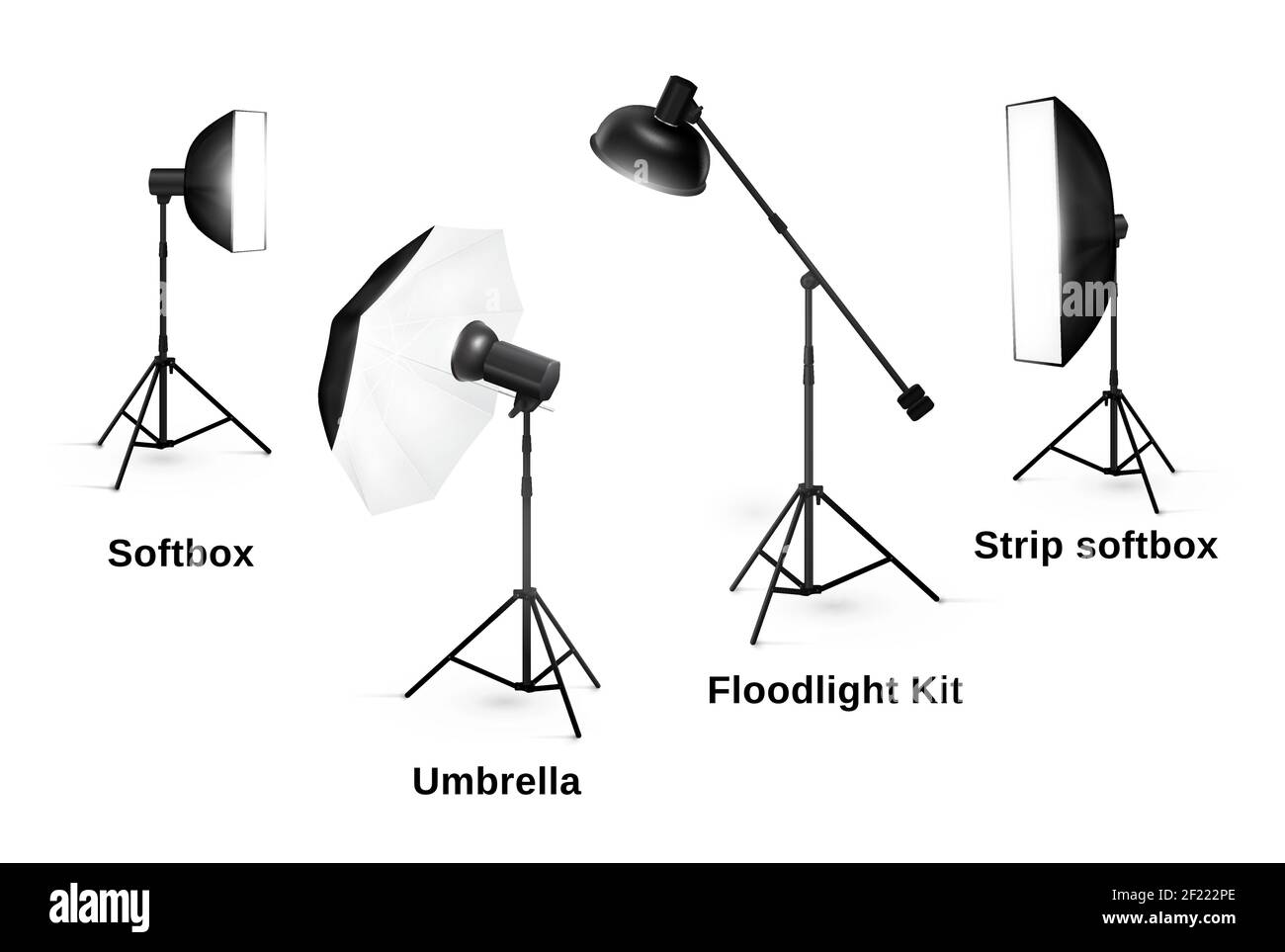 Apparecchiature di illuminazione studio isolate su sfondo bianco. Faretto e lampada, flash e tecnologia fotografica professionale, illustrazione vettoriale Illustrazione Vettoriale