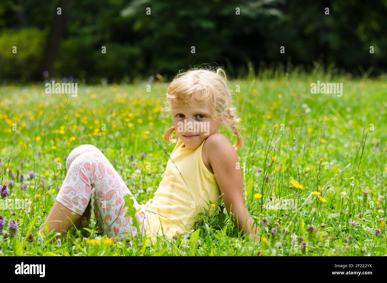 Bella ragazza bionda seduta sul prato Foto Stock
