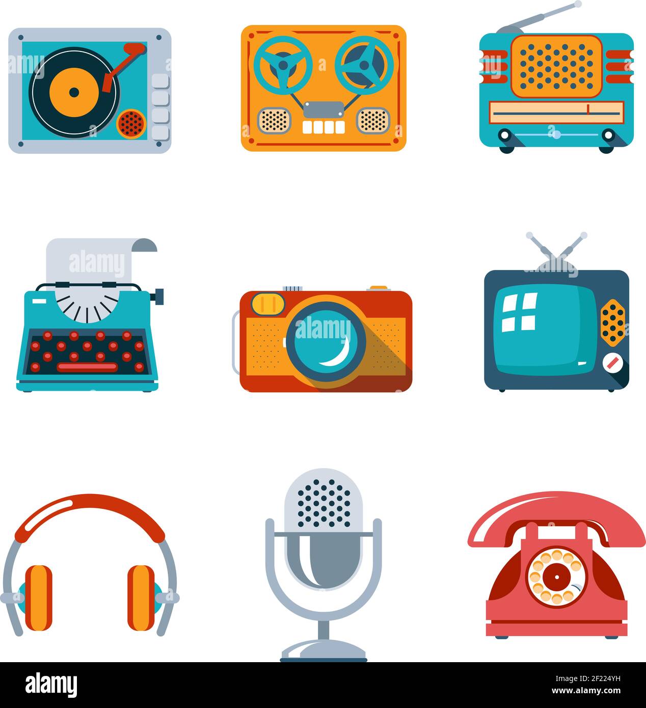 Icone dei supporti retro in stile piatto. TV e microfono, cuffie, macchina da scrivere e radio Illustrazione Vettoriale