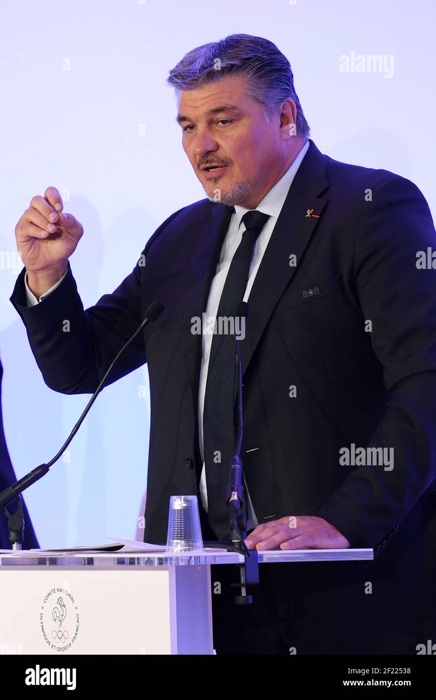 David Douillet durante l'introduzione dei candidati alla Presidenza del NOC France (Comitato Olimpico Nazionale), a Parigi, il 25 aprile 2017, Francia - Foto Philippe Millereau / KMSP / DPPI Foto Stock