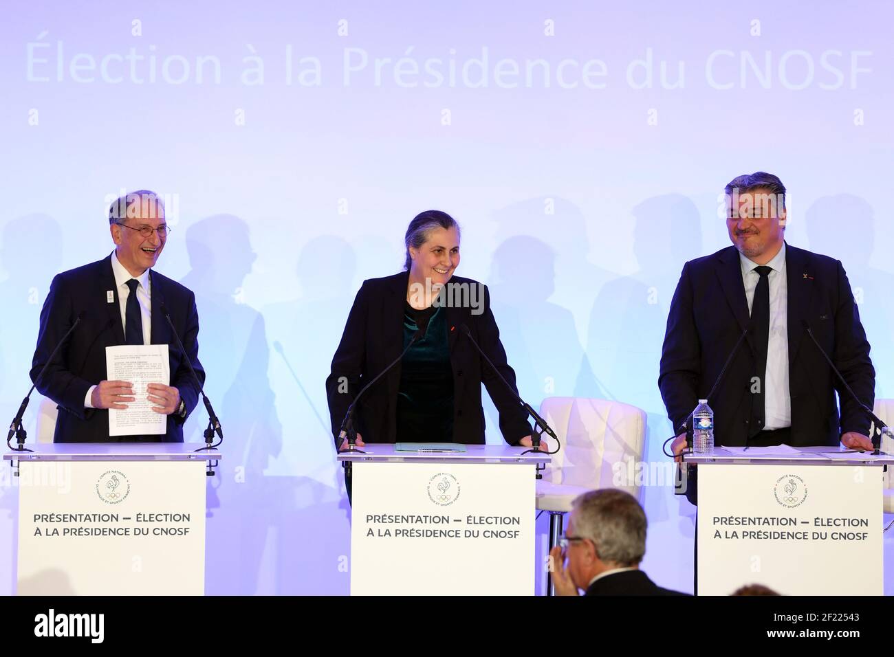 Denis Masseglia, Isabelle Lamour, David Douillet durante l'introduzione dei candidati alla Presidenza del NOC France (Comitato Olimpico Nazionale), a Parigi, il 25 aprile 2017, Francia - Foto Philippe Millereau / KMSP / DPPI Foto Stock