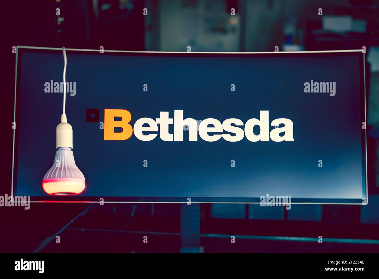 Monitor logo Bethesda software house produttore di videogiochi, famoso per i marchi Elder Scrolls e Fallout Foto Stock
