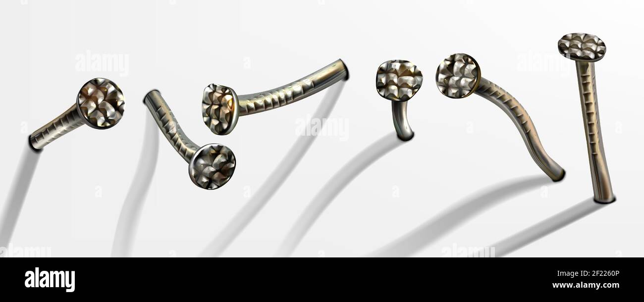 Vecchi chiodi di ferro piegati martellati in parete, punte arrugginite con testa circolare. Serie vettoriale realistica di perni in metallo con ruggine, ferramenta hobbnails, carpenteria e utensili da costruzione isolati su sfondo bianco Illustrazione Vettoriale