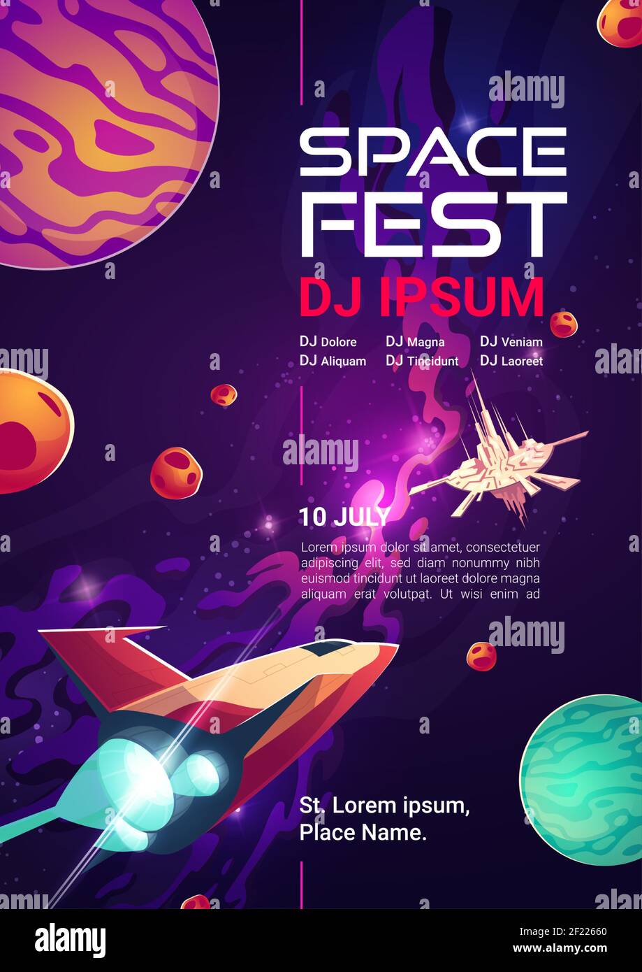 Banner Web cartoon Space Fest, invito a spettacoli musicali o concerti con performance dj. Navetta e stazione aliena in galassia con pianeti. COSMOS, fondo Universe fantasy, illustrazione vettoriale Illustrazione Vettoriale