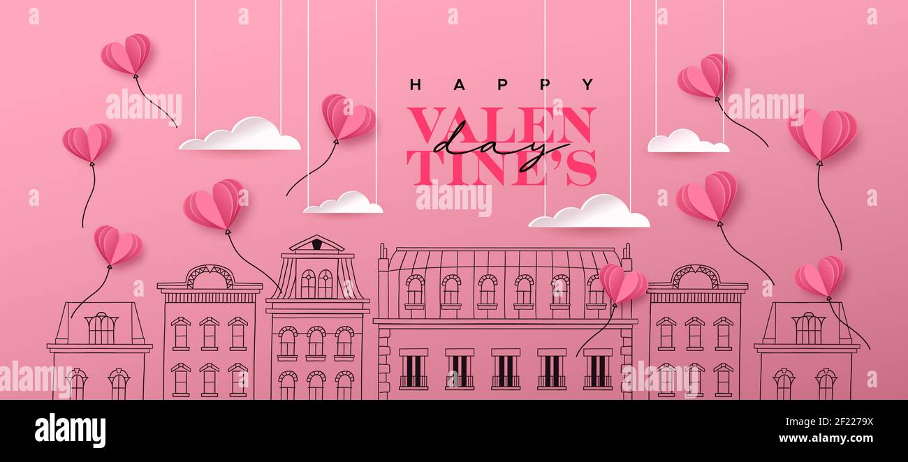 Illustrazione del biglietto di auguri per il giorno di San Valentino felice. Cute casa doodle sfondo con palloncini cuore rosa, nuvole di carta e citazione tipografica. Romantico f Illustrazione Vettoriale