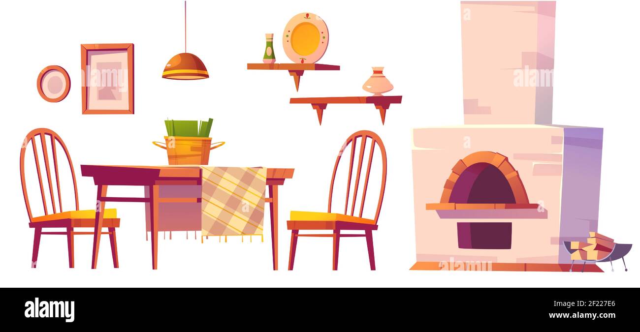 Interno accogliente caffetteria o pizzeria con forno, tavolo e sedie in legno, mensole e lampada. Cartoon vettoriale Set di mobili per mensa o cucina rurale russa con stufa tradizionale Illustrazione Vettoriale