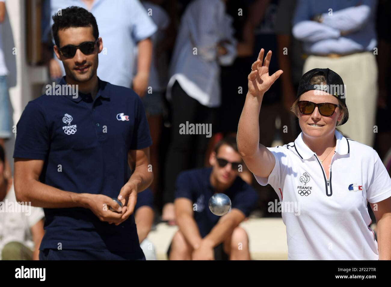 Biatleta Martin Fourcade e sciatrice Alpin Tessa Worley durante il gruppo NOC France Blue sulla pista Pyeongchang 2018, la londe Les Maures, 29/05/2017 - Foto Philippe Millereau / KMSP / DPPI Foto Stock