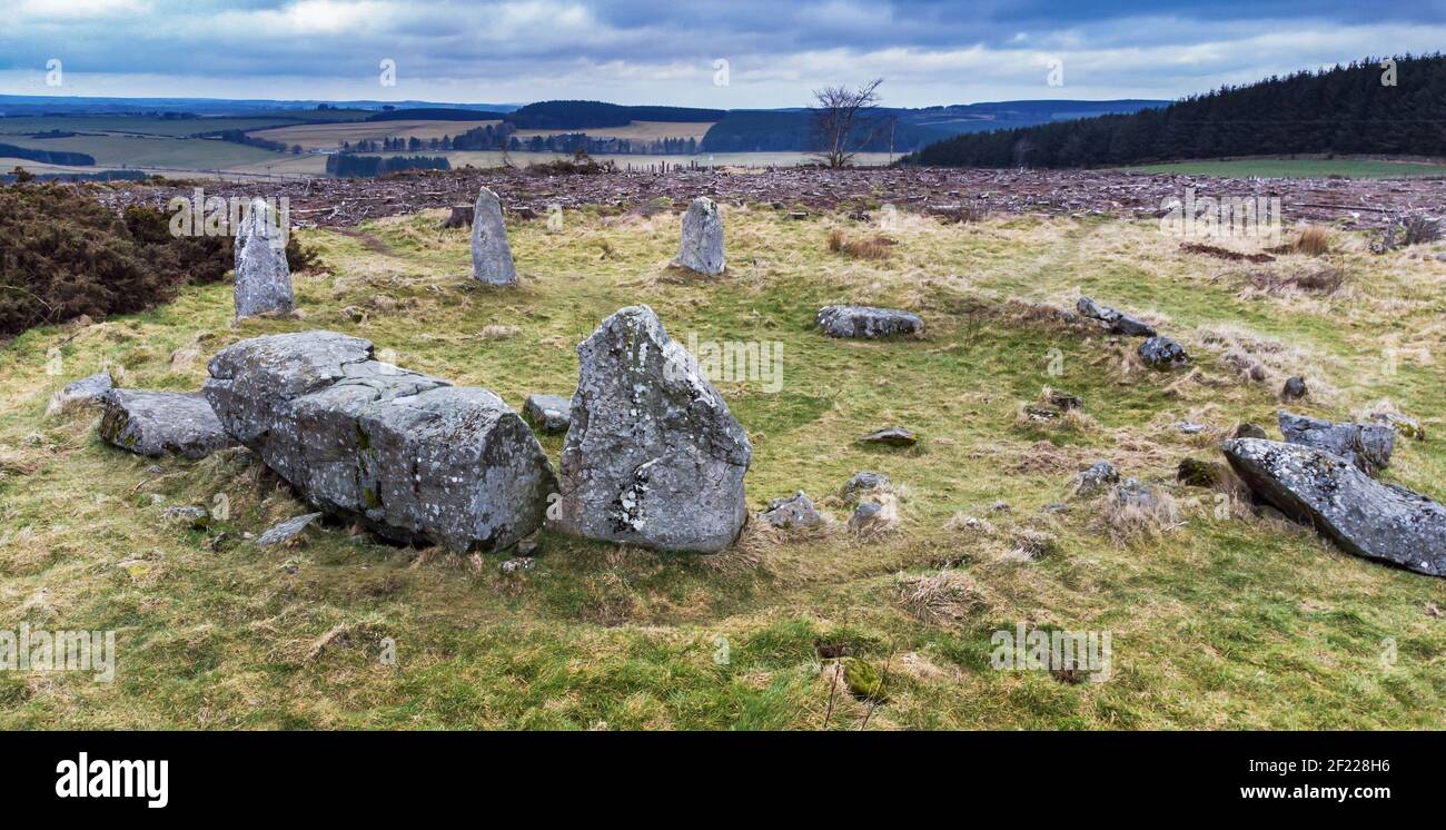L'Aikey Brae recumbent Standing Stone Circle vicino a Stuartfield e Old Deer ad Aberdeenshire, Scozia Foto Stock
