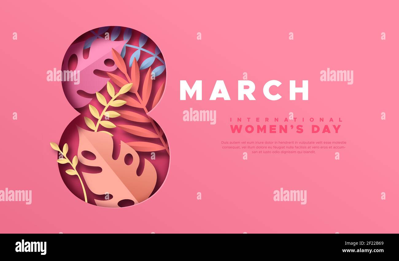 Happy Women Day illustrazione modello web. 3D papercut 8 marzo simbolo con bella natura tropicale decorazione, foglia di pianta rosa e spazio copia. Carta Illustrazione Vettoriale