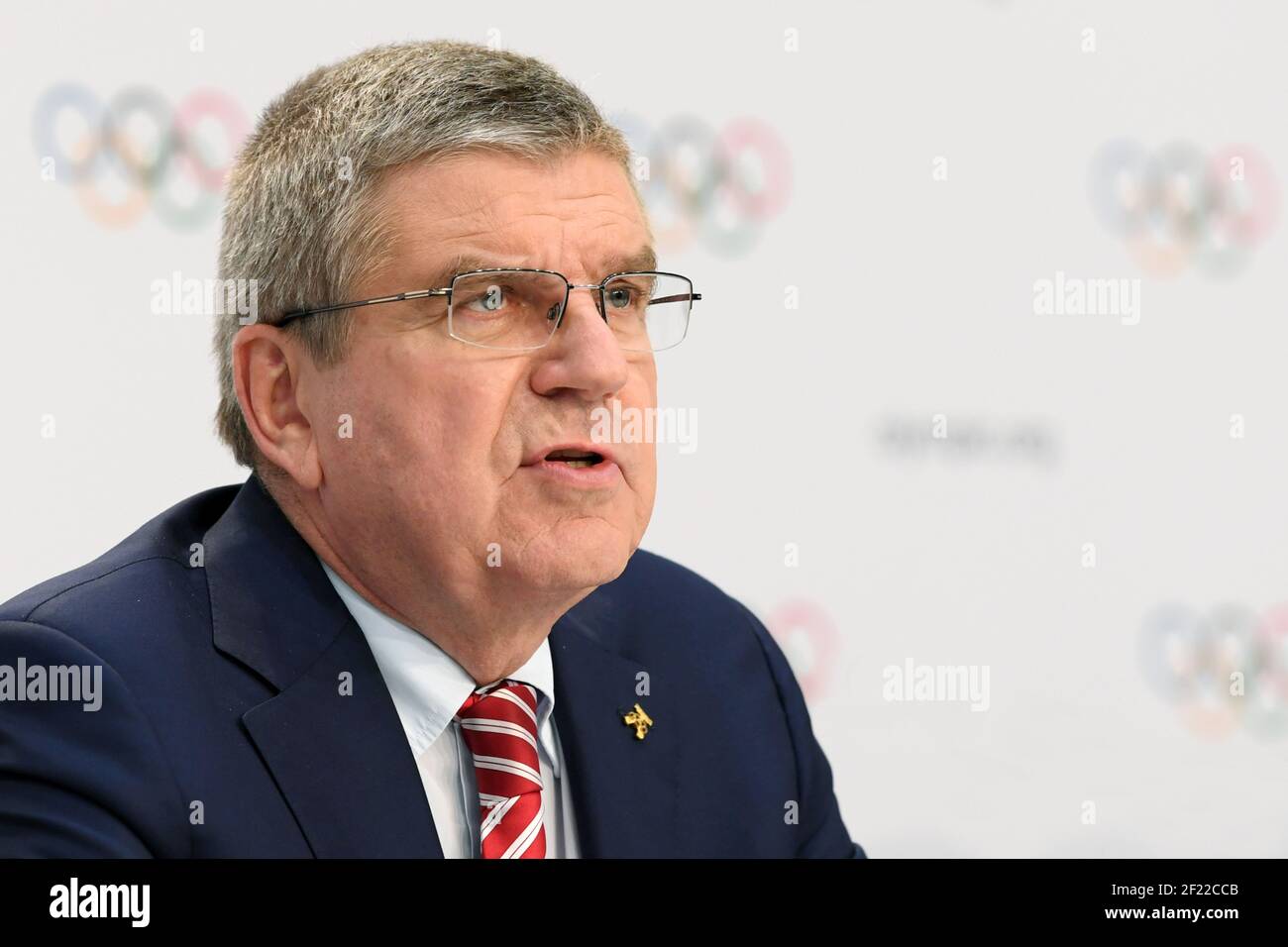 Il Presidente del CIO Thomas Bach durante la conferenza stampa sulla votazione delle elezioni simultanee delle città olimpiche del 2024 e 2028 all'Auditorium SwissTech, a Losanna, Svizzera, il 11 luglio 2017 - Foto Philippe Millereau / KMSP / DPPI Foto Stock