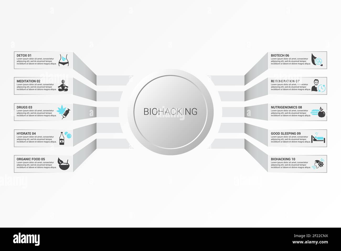 Modello di biohacking infografico. Icone in colori diversi. Includere Detox, meditazione, farmaci, idrato e altri. Illustrazione Vettoriale